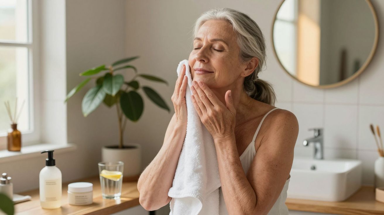 Mulher madura secando o rosto com toalha em banheiro iluminado e decorado com plantas.