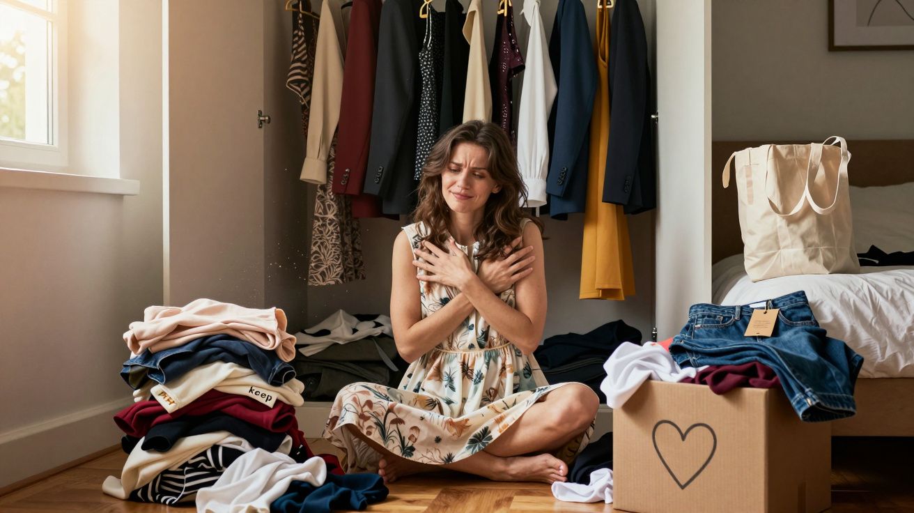 Mulher sentada no chão entre roupas espalhadas e caixas de mudança, ao lado de um armário aberto.
