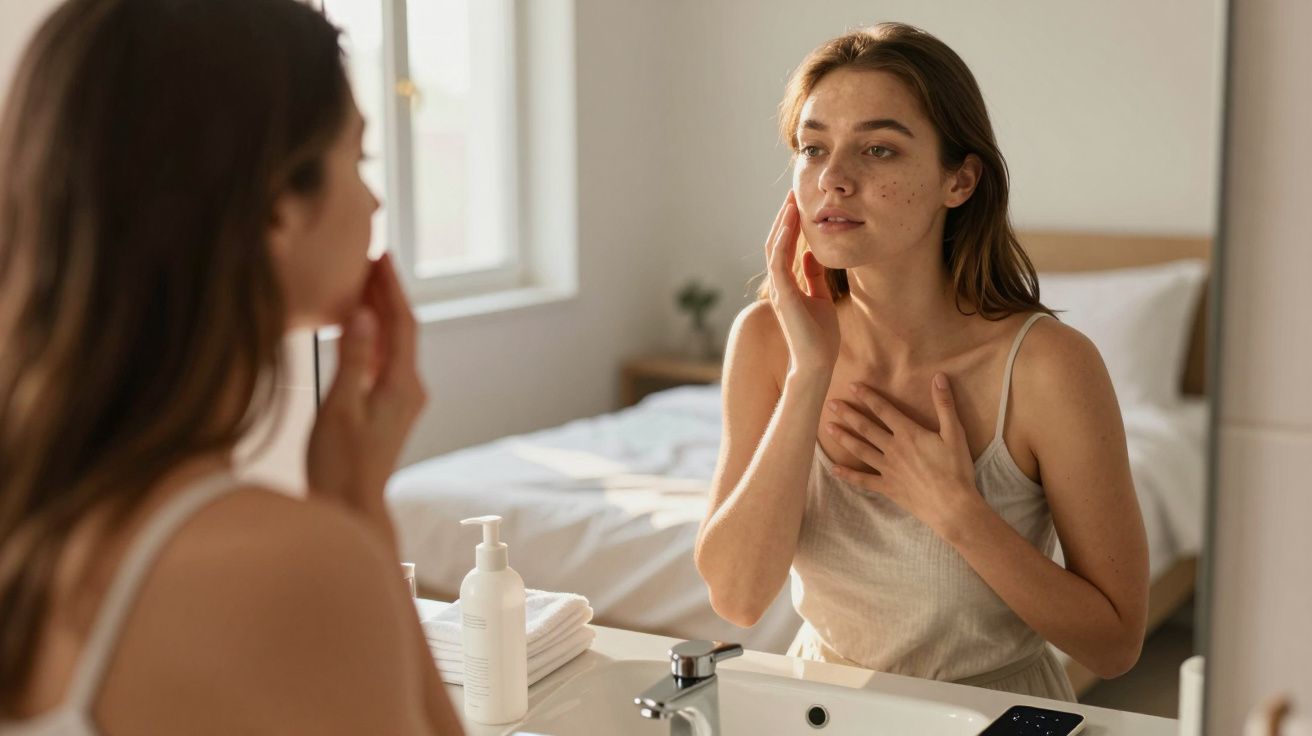 Mulher jovem aplicando creme no rosto com manchas, olhando no espelho de banheiro claro.