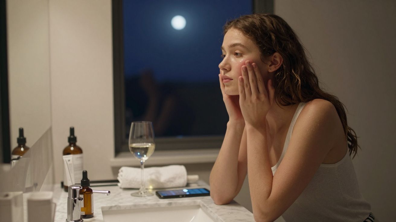 Mulher olhando sua pele no espelho do banheiro à noite, com janela mostrando a lua cheia ao fundo.