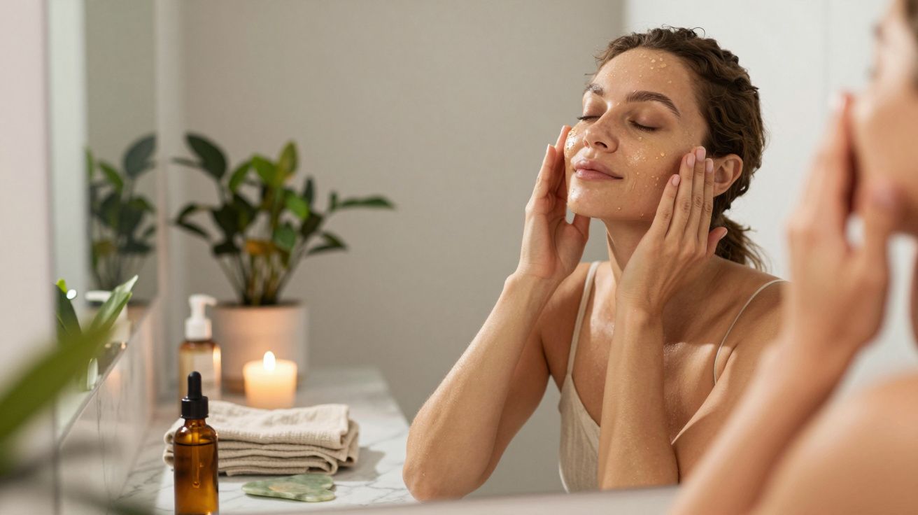 Mulher aplicando esfoliante facial em frente ao espelho em banheiro iluminado com velas e plantas.