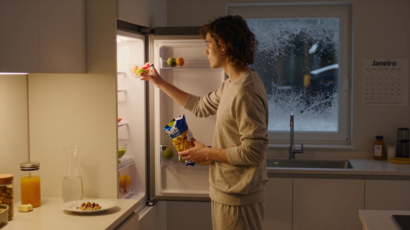 Pessoa em moletom pega frutas no refrigerador na cozinha com janela em dia frio de inverno.