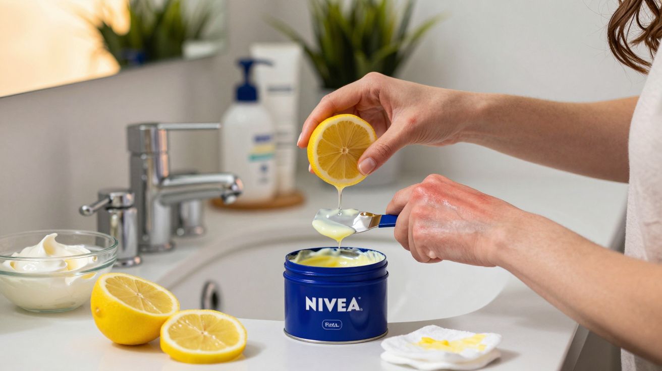 Pessoa espreme limão sobre creme Nivea em pote azul na pia do banheiro.