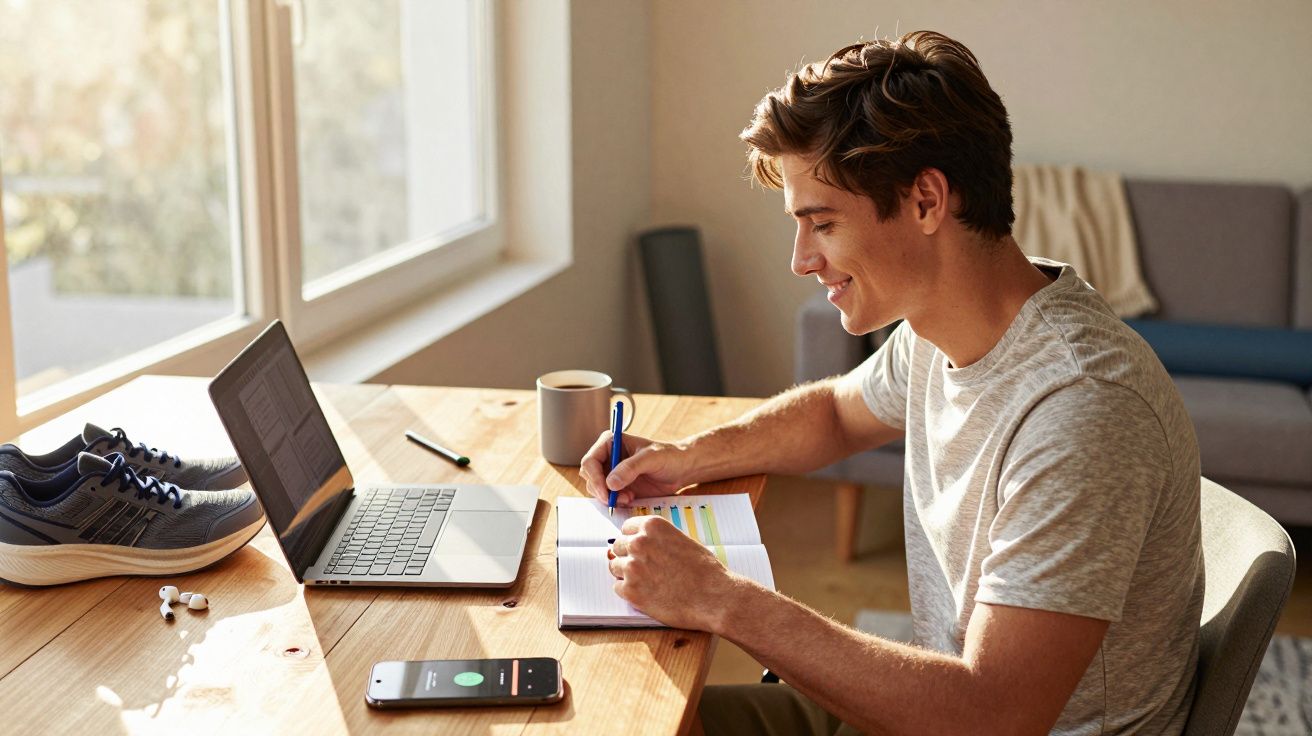 Homem jovem estudando com laptop, caderno e fones de ouvido, sentado em mesa de madeira perto da janela.