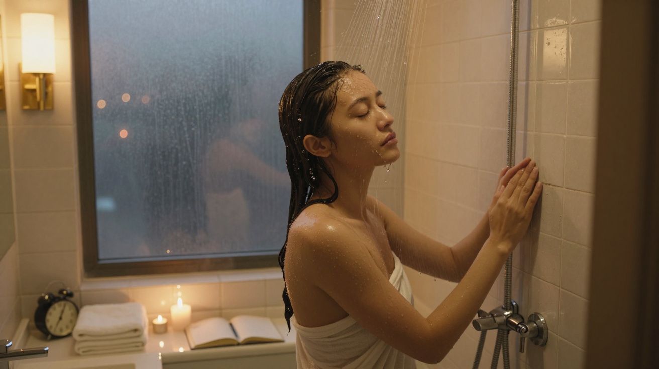 Mulher de olhos fechados tomando banho, envolta em toalha, em ambiente com luz suave e velas acesas.