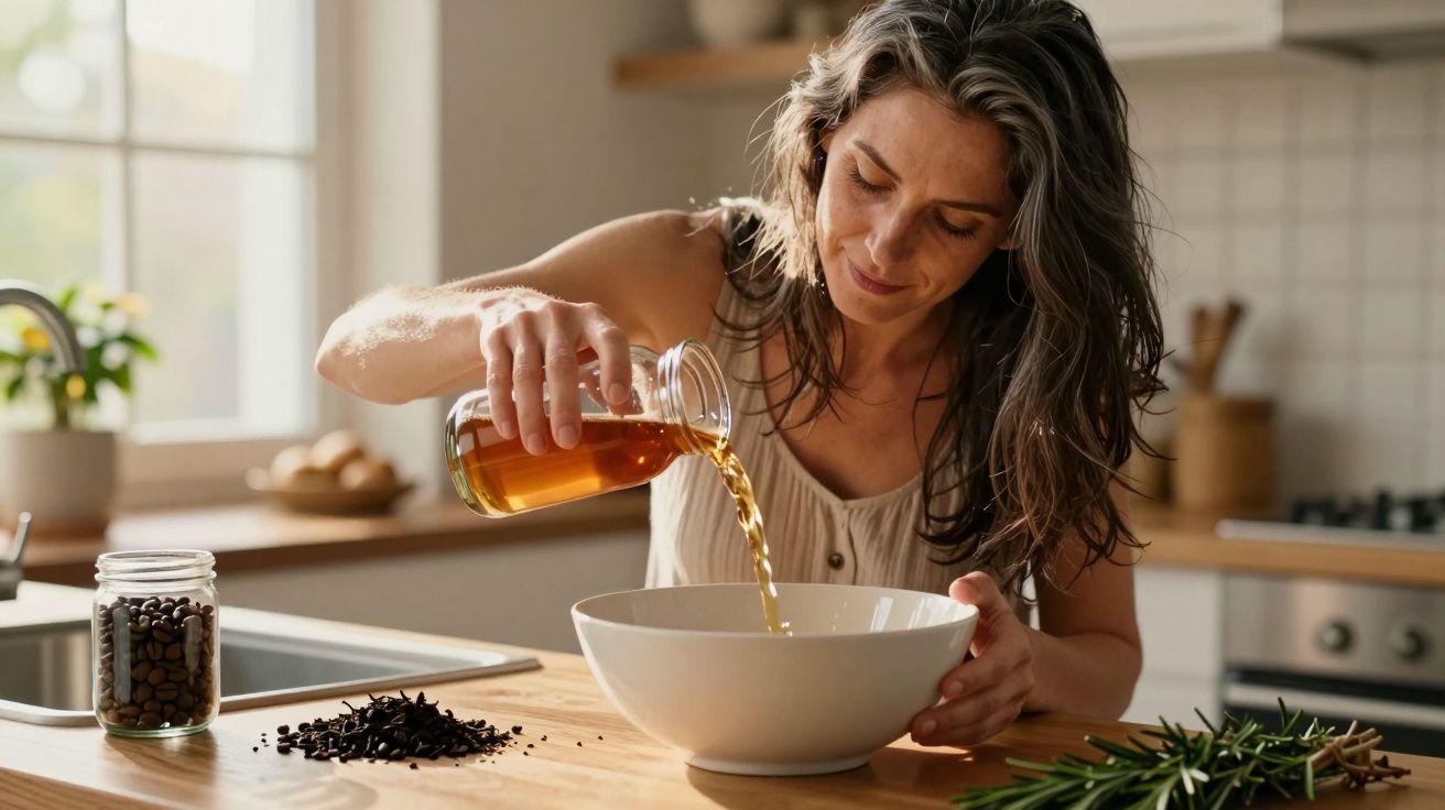 Mulher despejando líquido em tigela na cozinha iluminada, com temperos e grãos na bancada.