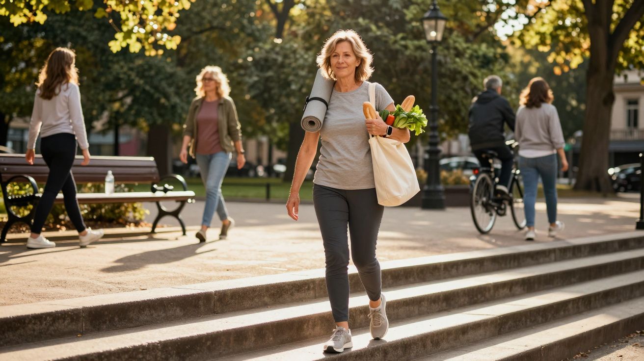 Mulher caminhando em parque com tapete de ioga no ombro e sacola com pão e verduras.