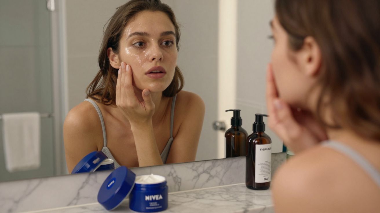 Mulher aplicando creme facial Nivea no rosto em frente ao espelho no banheiro.