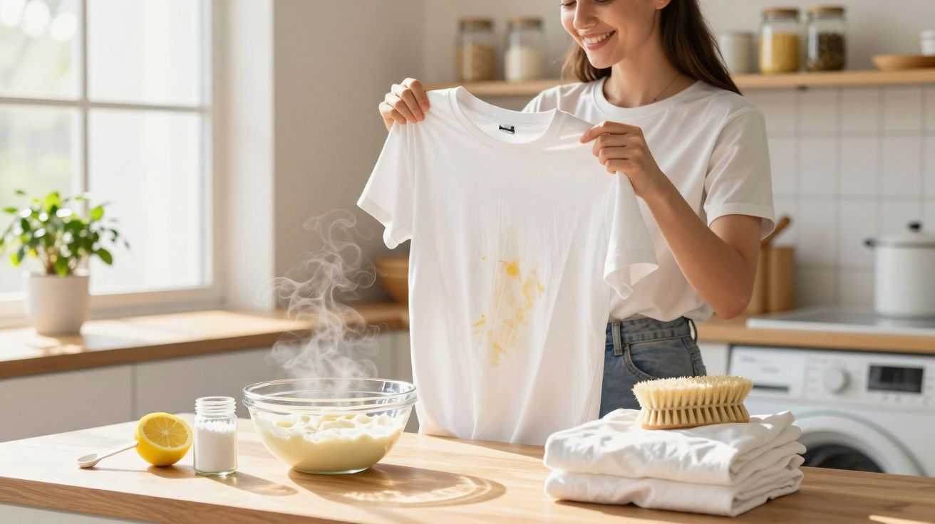 Mulher segura camiseta branca manchada, com ingredientes para limpeza caseira na bancada da cozinha.