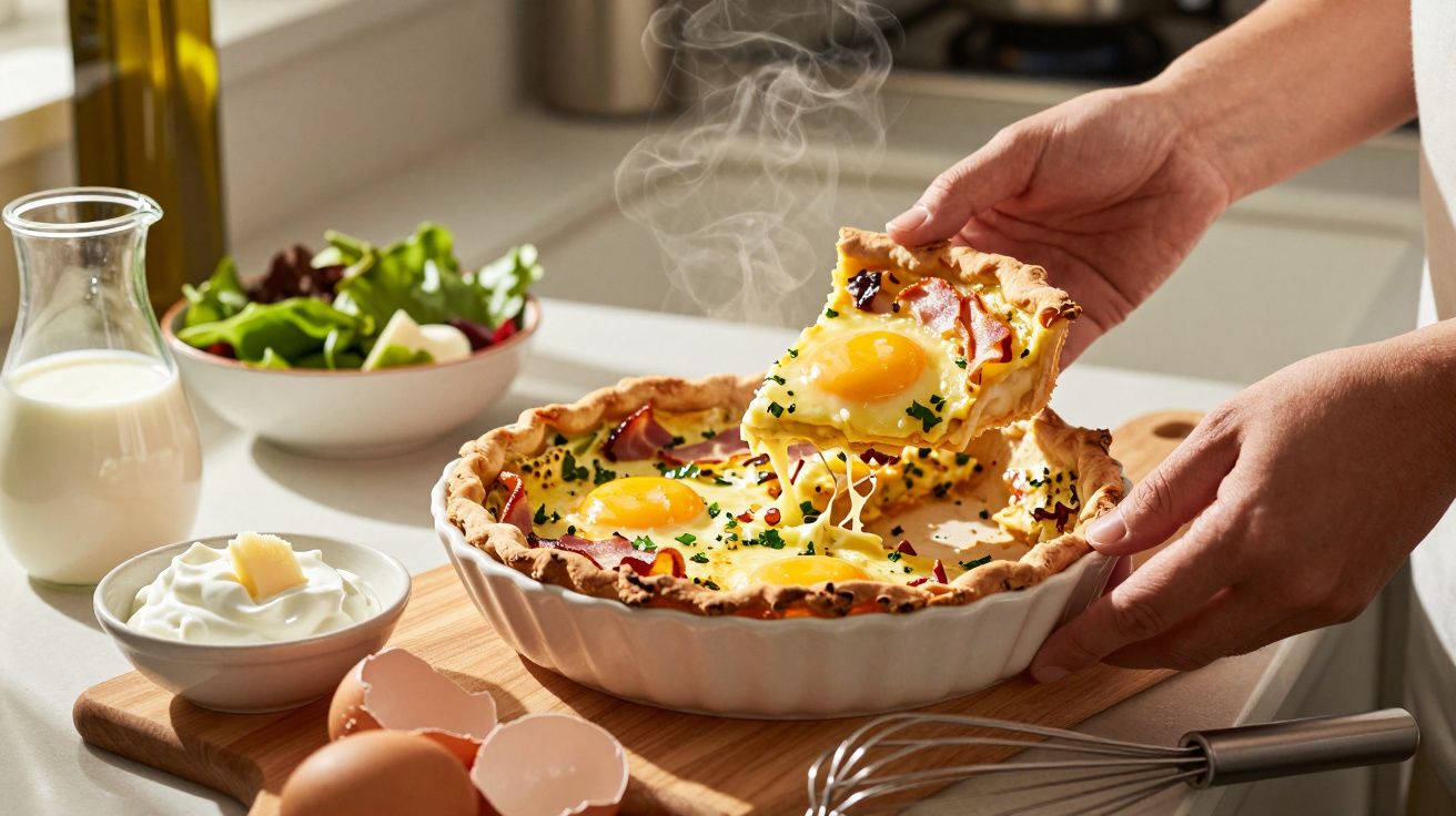 Torta quente com ovos, cogumelos e queijo sendo servida em tigela branca na cozinha iluminada.