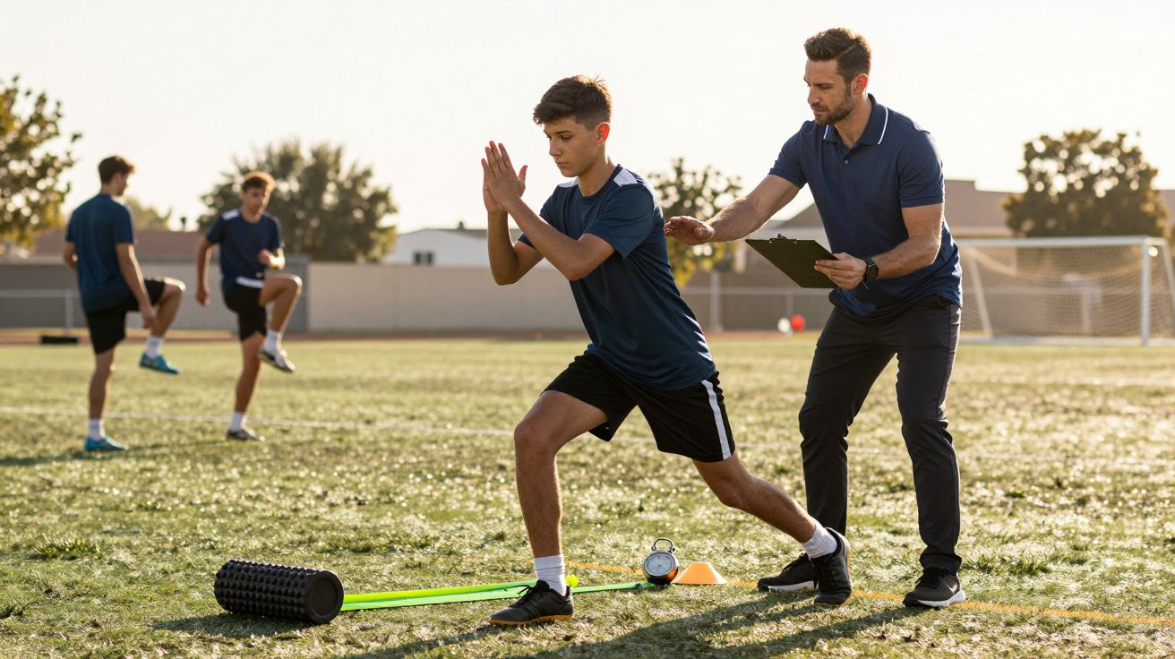 Treinador orienta jovem em exercício de agilidade durante treino de futebol ao ar livre em campo gramado.