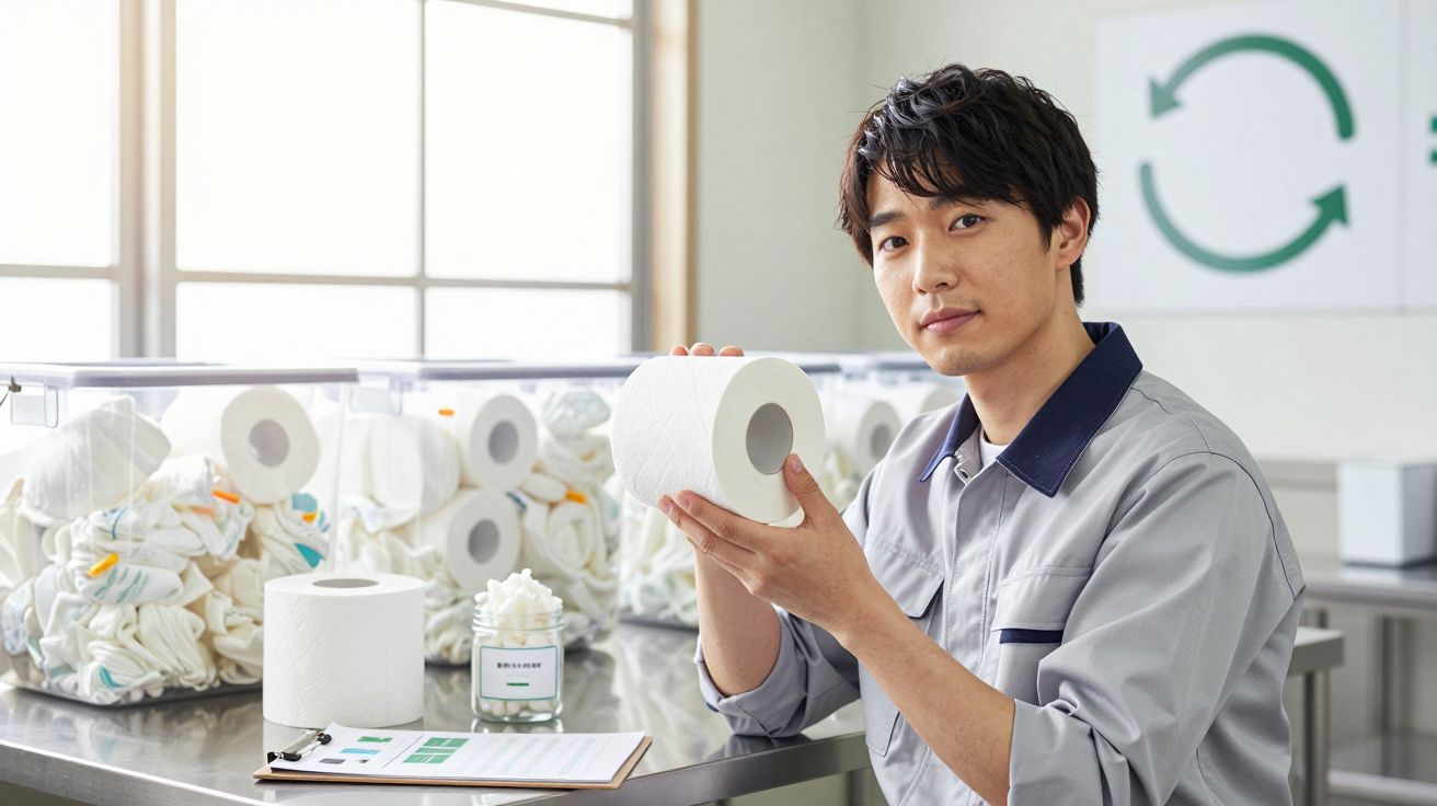 Homem com uniforme cinza segura rolo de papel higiênico em fábrica com produtos sobre mesa.