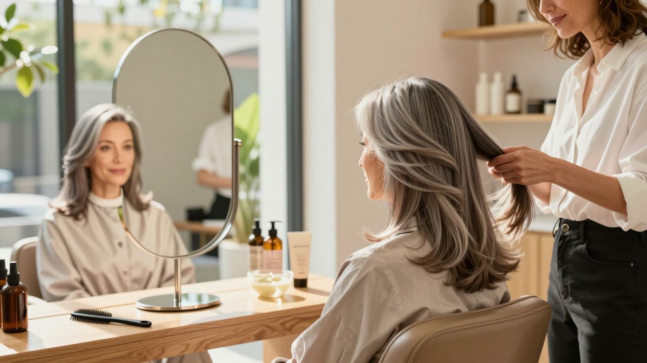 Mulher com cabelo grisalho sendo penteada por cabeleireira em salão moderno e iluminado.