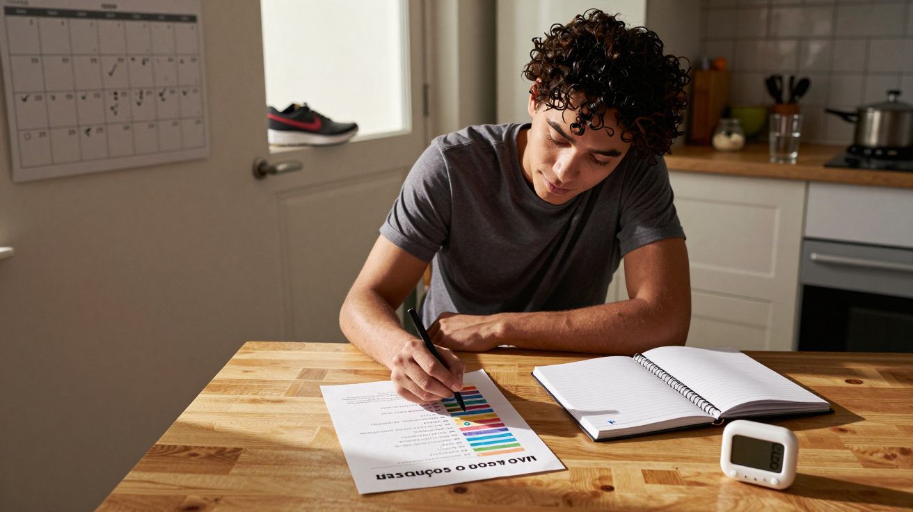 Jovem sentado à mesa escrevendo e analisando gráfico colorido em papel, com caderno aberto e temporizador.