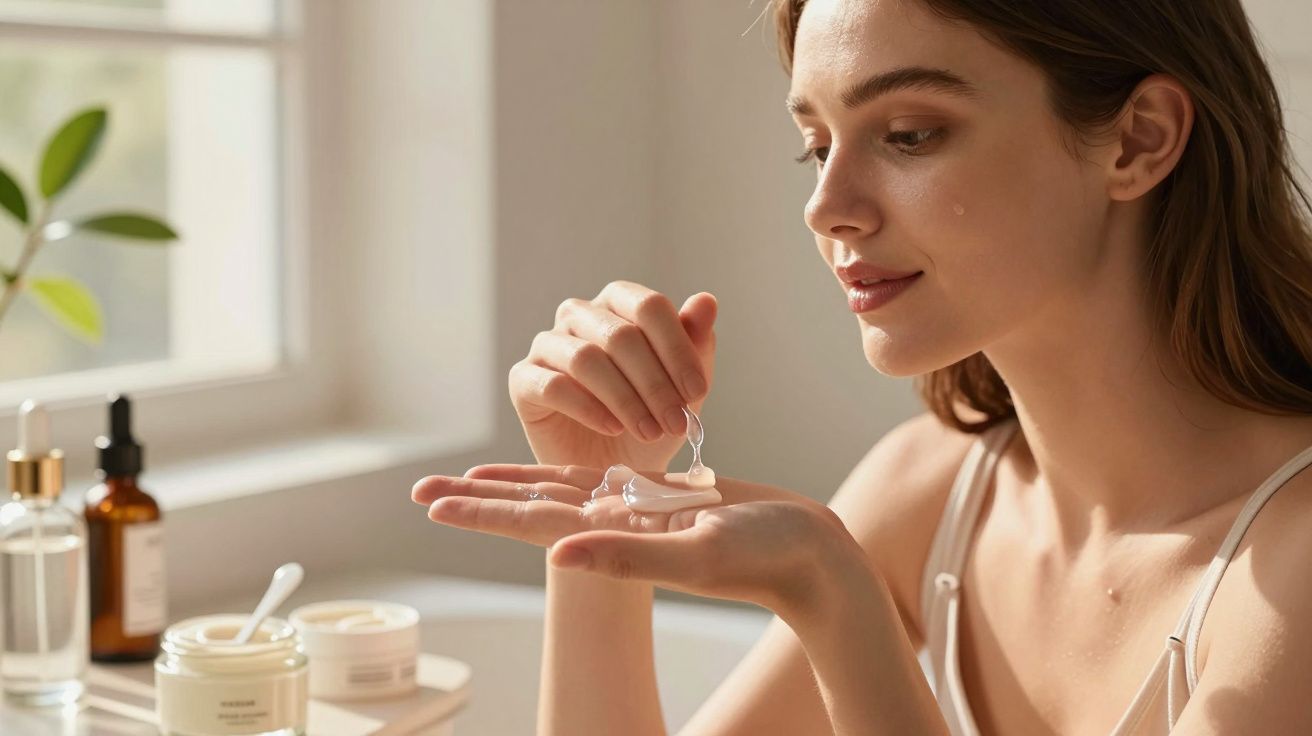 Mulher aplicando creme hidratante na palma da mão em ambiente iluminado e tranquilo.