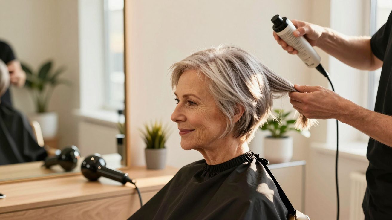 Mulher idosa com cabelo grisalho sendo penteada por cabeleireiro em salão iluminado.