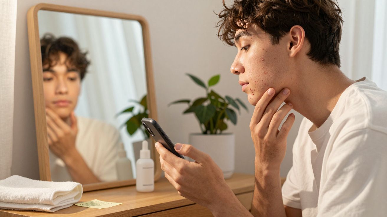 Jovem com acne examinando o rosto no espelho enquanto segura um celular em ambiente interno.