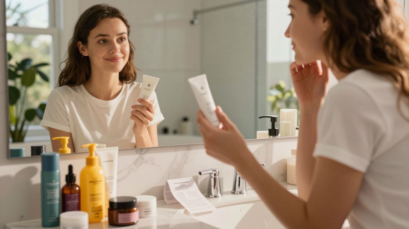 Mulher sorrindo olhando no espelho segurando tubo de creme em banheiro com produtos de beleza no balcão.