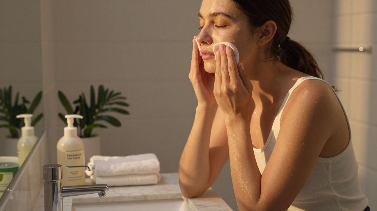Mulher lavando o rosto com algodão em banheiro iluminado pela luz natural.