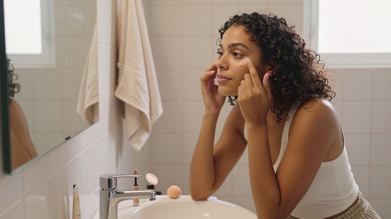 Mulher negra com cabelo cacheado aplicando creme no rosto em frente ao espelho do banheiro.