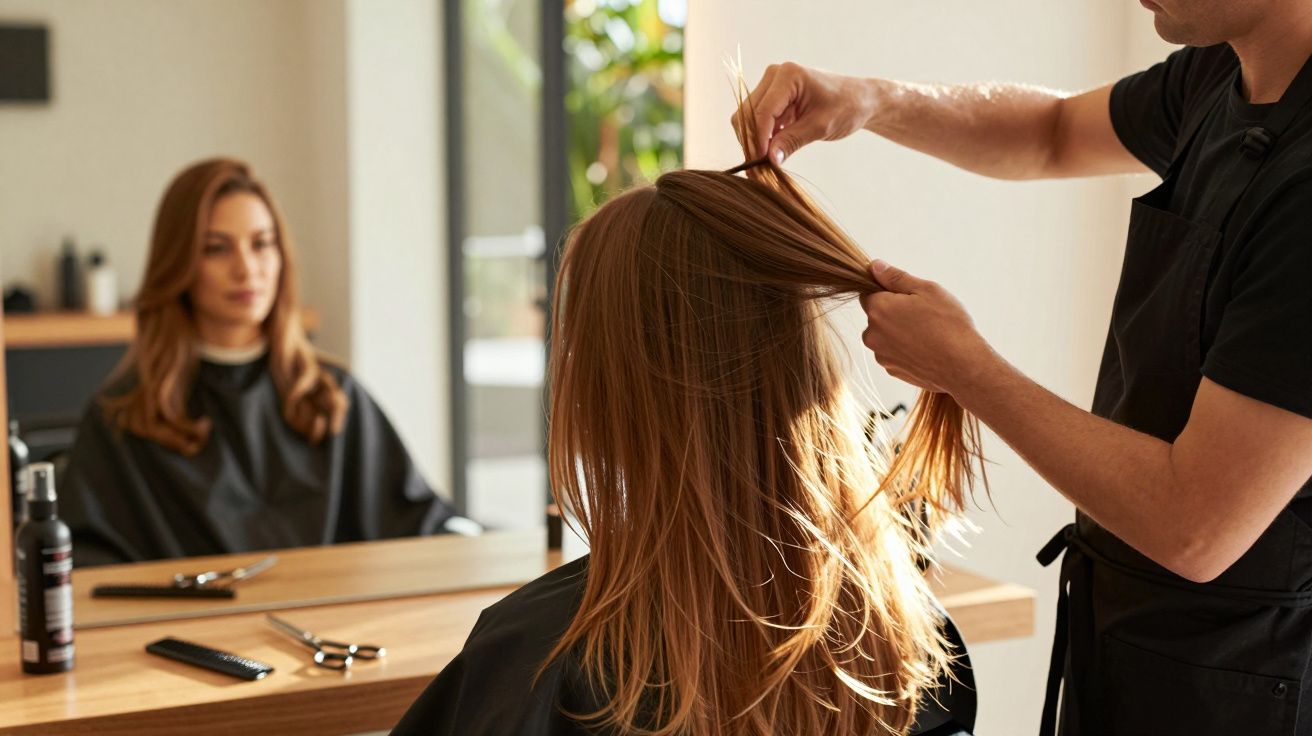 Pessoa recebendo corte de cabelo em salão, com cabeleireiro segurando mecha de cabelo longo e loiro.