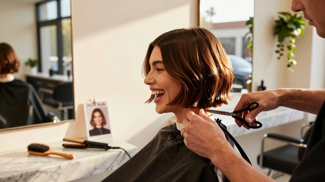 Mulher sorrindo cortando cabelo curto em salão iluminado, com pente e chapinha ao fundo.
