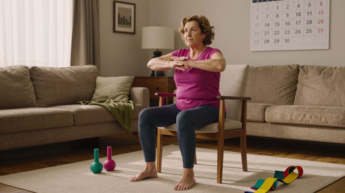 Idosa fazendo exercícios sentada em cadeira na sala de estar com pesos e faixa elástica no chão.