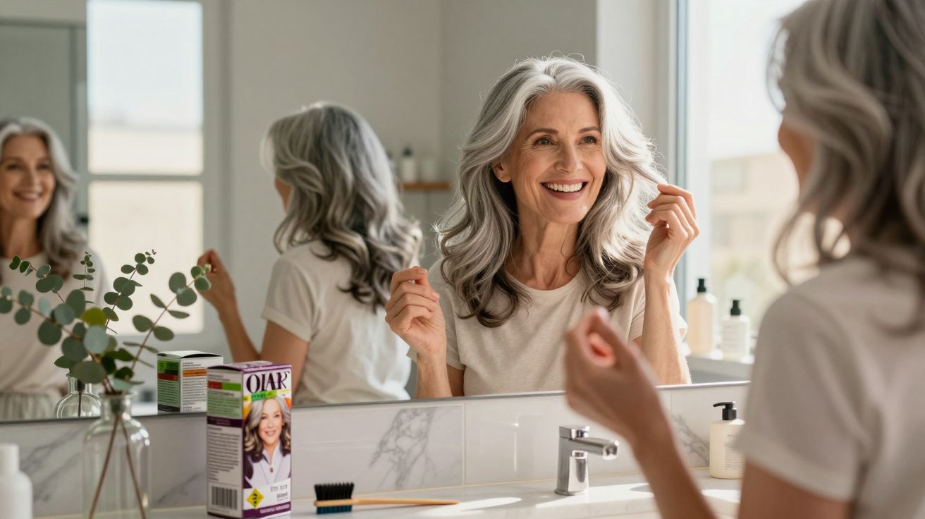 Mulher madura com cabelos grisalhos sorrindo enquanto se olha no espelho do banheiro.