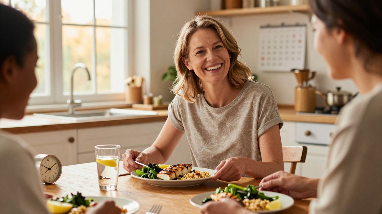 Mulher sorrindo enquanto almoça com duas pessoas em cozinha iluminada e moderna.
