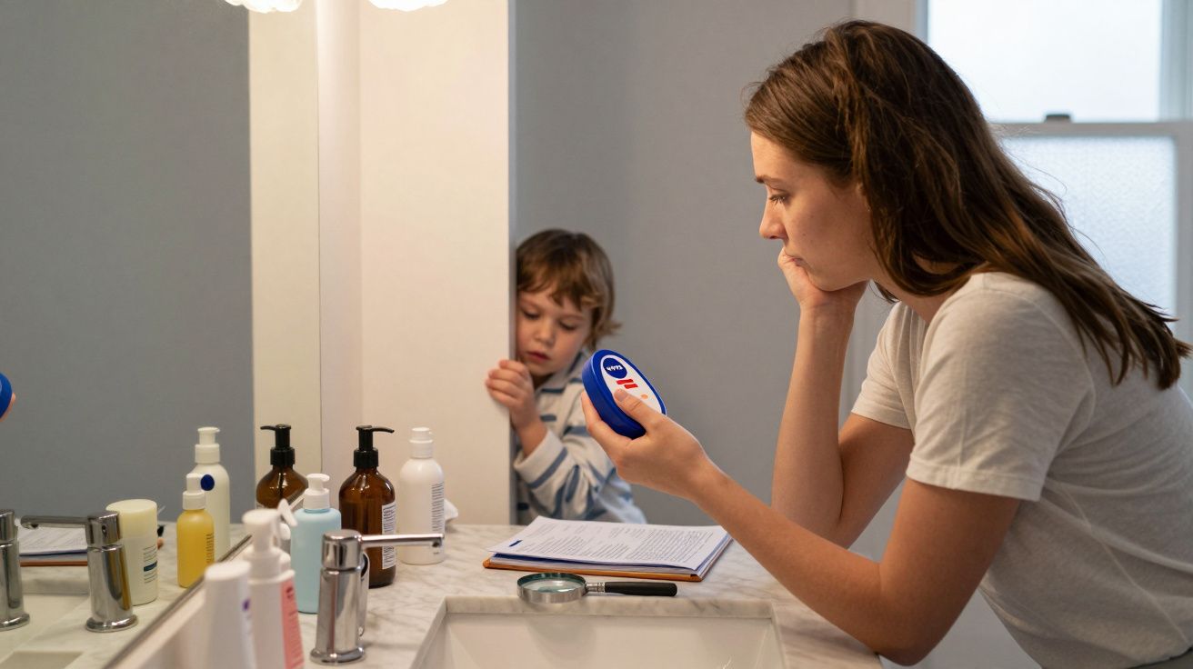 Mulher consultando medidor em banheiro enquanto criança observa atrás da porta entreaberta.