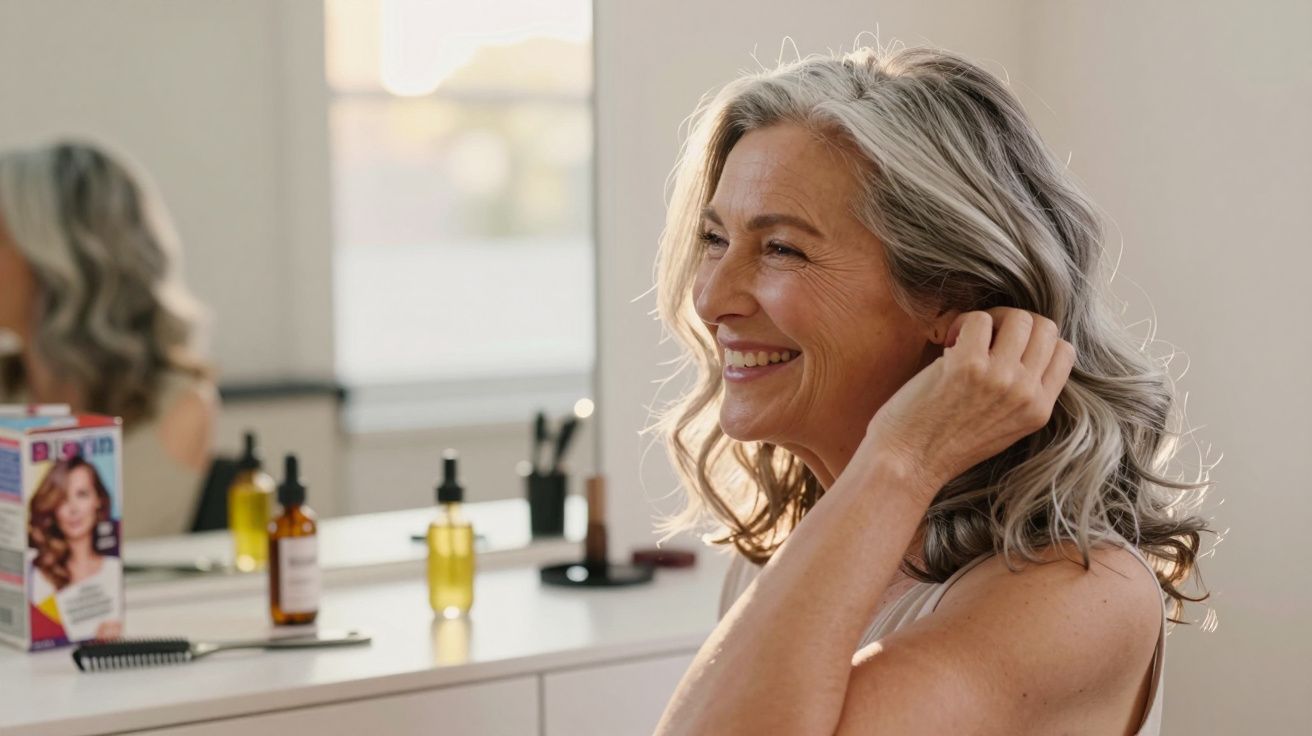 Mulher madura sorrindo em frente ao espelho, tocando o cabelo grisalho na sala iluminada.