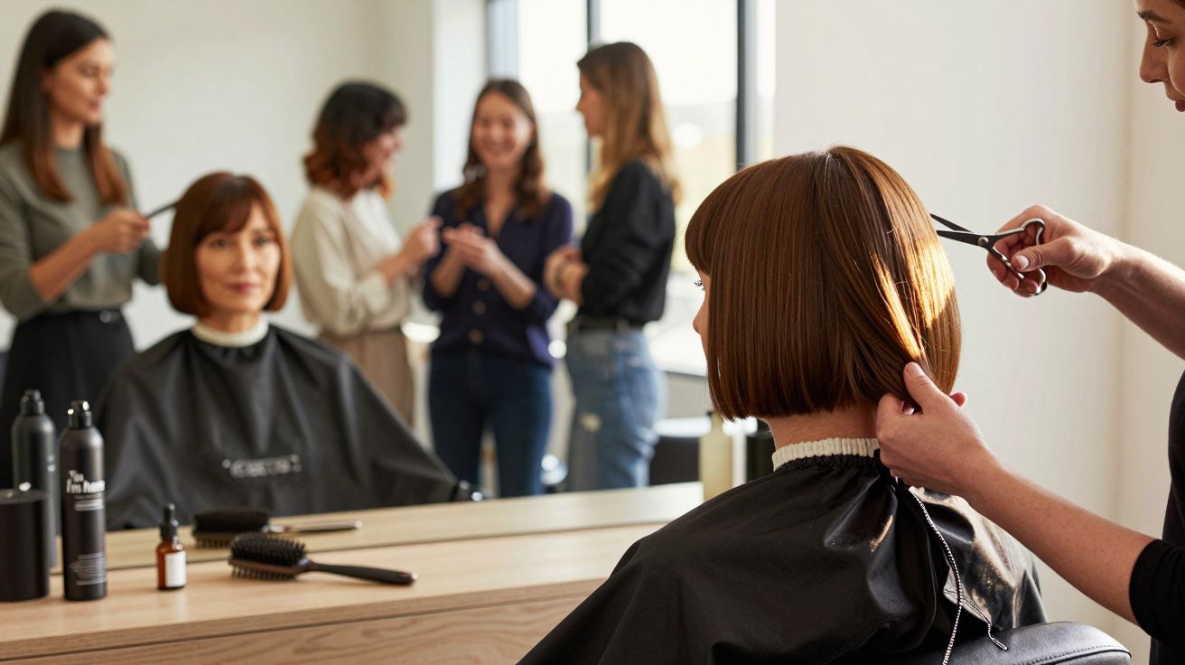 Mulher de cabelo curto sendo atendida por cabeleireiro em salão com outras clientes conversando ao fundo.