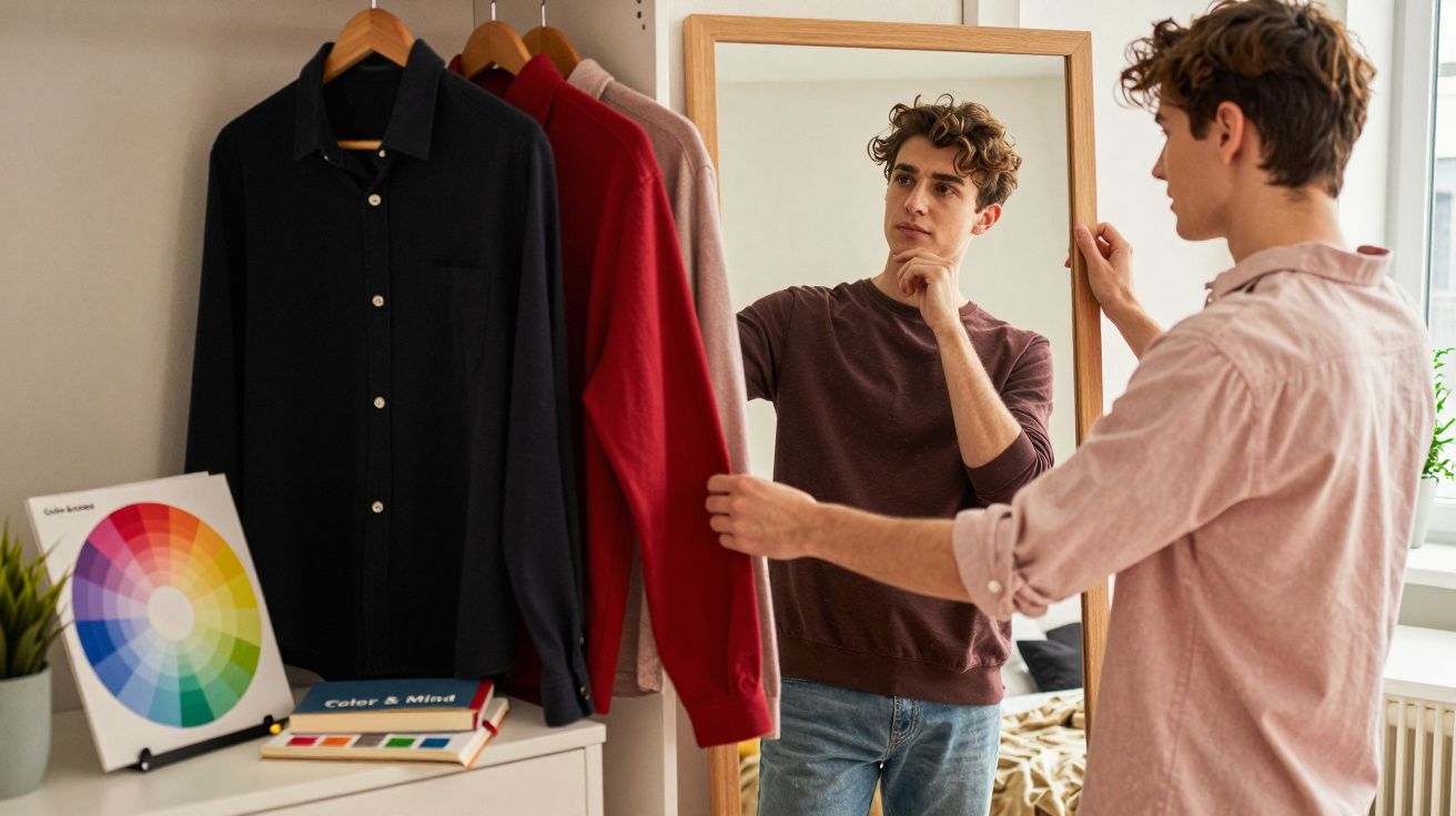 Jovem olhando roupas no armário e refletido em espelho, ponderando a escolha do figurino.