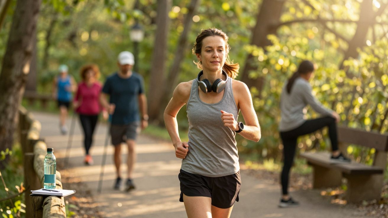 Mulher correndo em trilha de parque com outras pessoas caminhando e fazendo exercícios ao fundo.