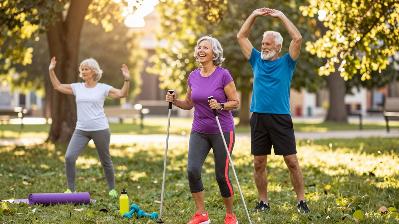 Três idosos praticando exercícios ao ar livre em parque ensolarado, sorrindo e animados.