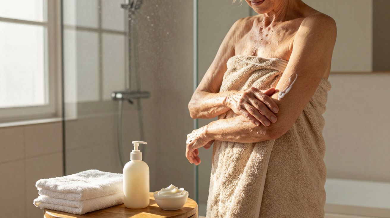 Pessoa aplicada loção corporal no braço em banheiro iluminado, com toalhas empilhadas e cremes sobre mesa.