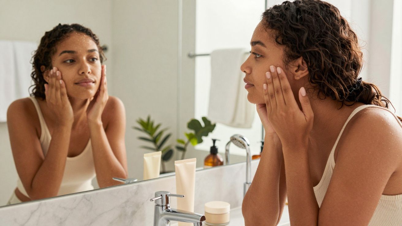 Mulher de pele morena cuidando do rosto em frente ao espelho no banheiro com produtos de beleza.
