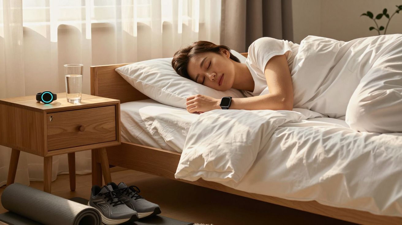 Mulher dormindo em cama branca ao lado de mesa de madeira com copo d’água e relógio digital.