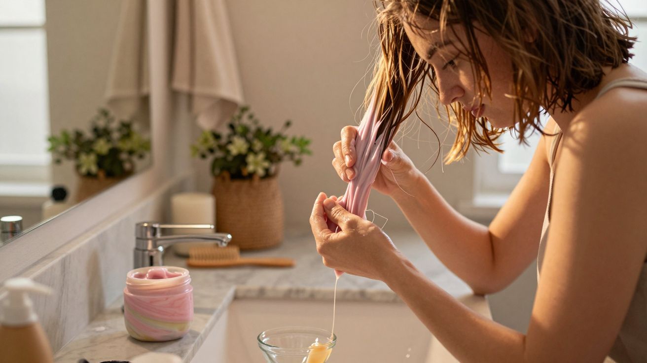 Mulher aplicando máscara capilar rosa no cabelo úmido em banheiro com pia e espelho.