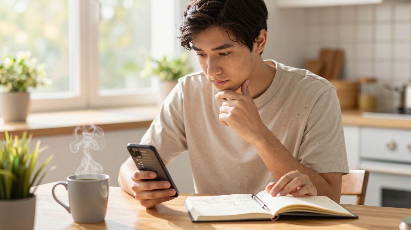 Jovem sentado à mesa com caderno aberto, olhando para o celular, ao lado de uma xícara com bebida quente.