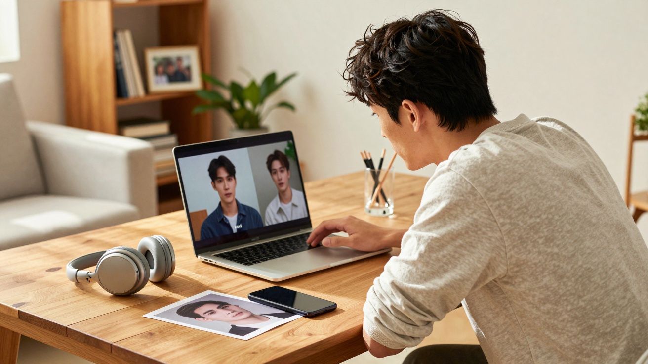 Jovem sentado à mesa usando laptop para videochamada com duas pessoas em ambiente doméstico.