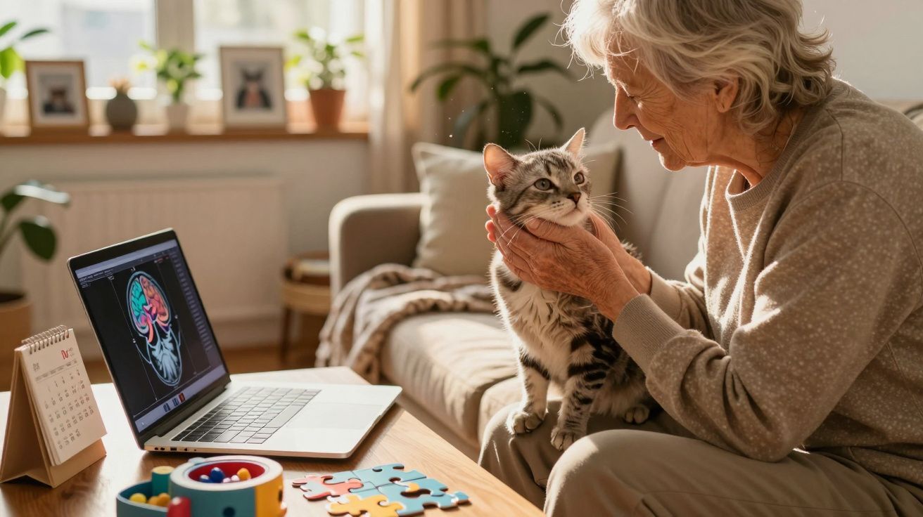 Mulher idosa acariciando gato ao lado de laptop com imagem de cérebro e peças de quebra-cabeça na mesa.