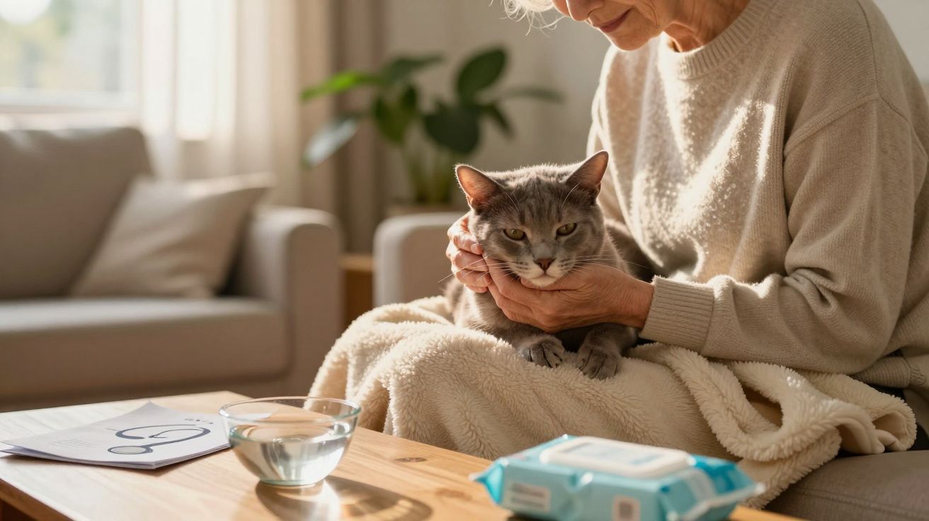 Idosa acaricia gato cinza no colo em sala iluminada, com mesa de madeira e sofá ao fundo.