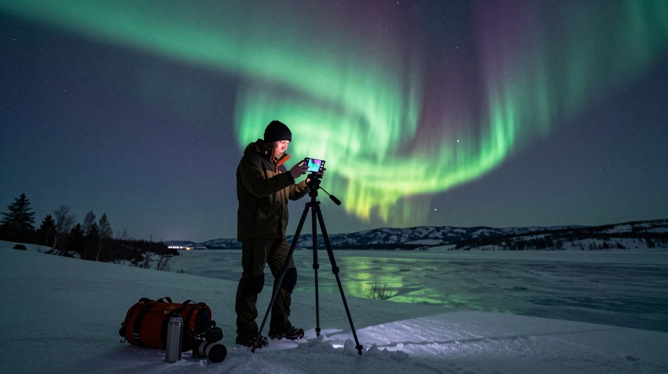 Fotógrafo ajusta câmera em tripé para capturar aurora boreal sobre paisagem nevada à noite.
