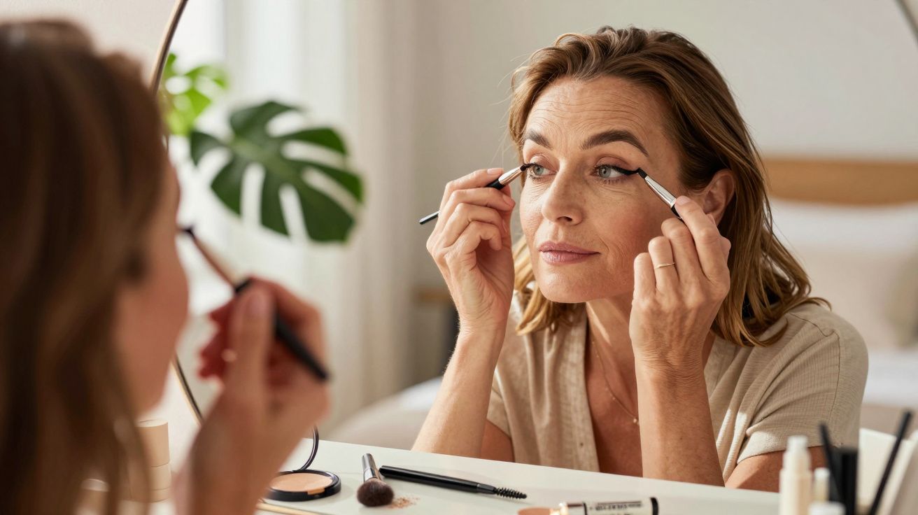 Mulher aplicando delineador nos olhos em frente ao espelho em ambiente claro e aconchegante.