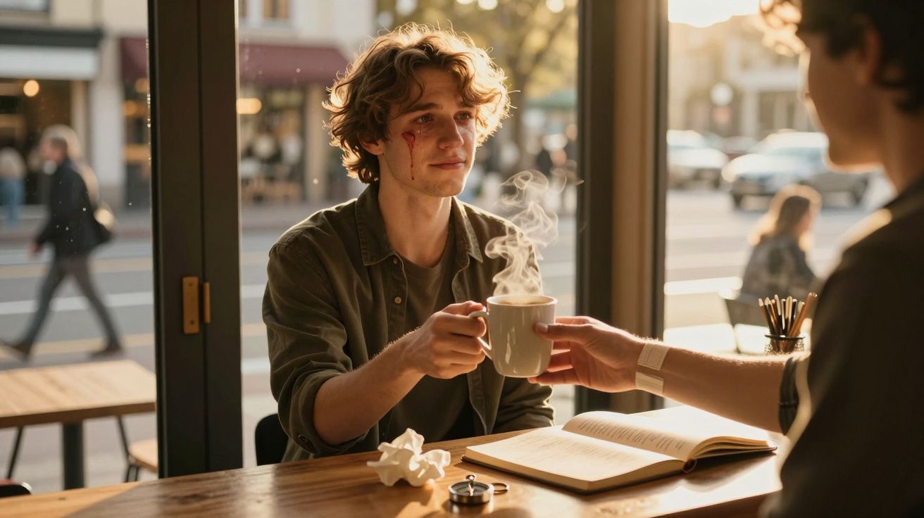 Homem com ferimento no rosto recebendo uma caneca quente em cafeteria ao entardecer.