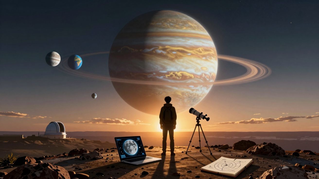Pessoa observando planetas gigantes e telescópio ao pôr do sol com laptop e caderno no chão.