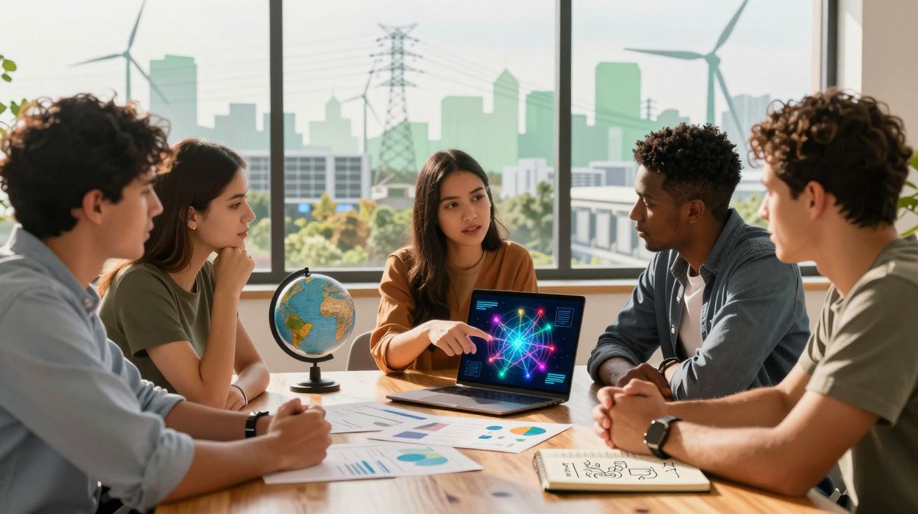 Jovens em reunião discutem projeto tecnológico com laptop, gráficos e globo em sala com vista para turbinas eólicas.