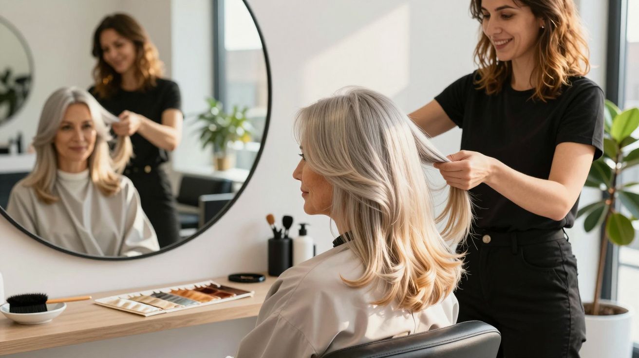 Mulher loira sentada no salão de beleza enquanto cabeleireira penteia seu cabelo.
