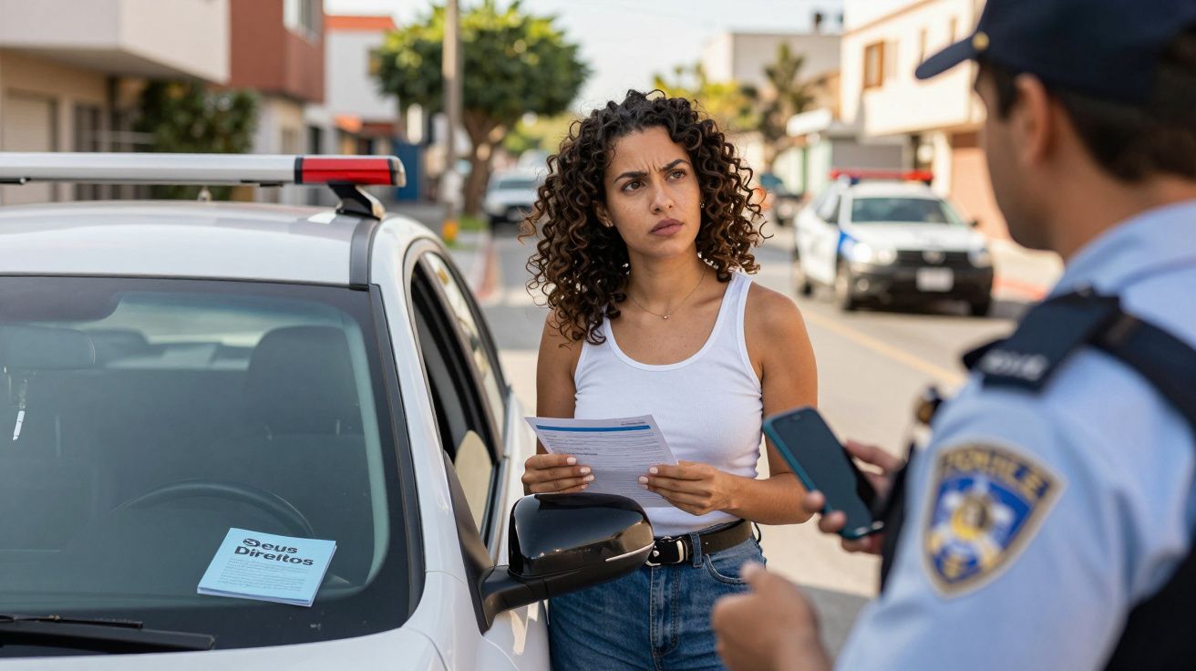 Mulher de camiseta branca conversa com policial ao lado de carro branco com papel de "Seus Direitos" no para-brisa.